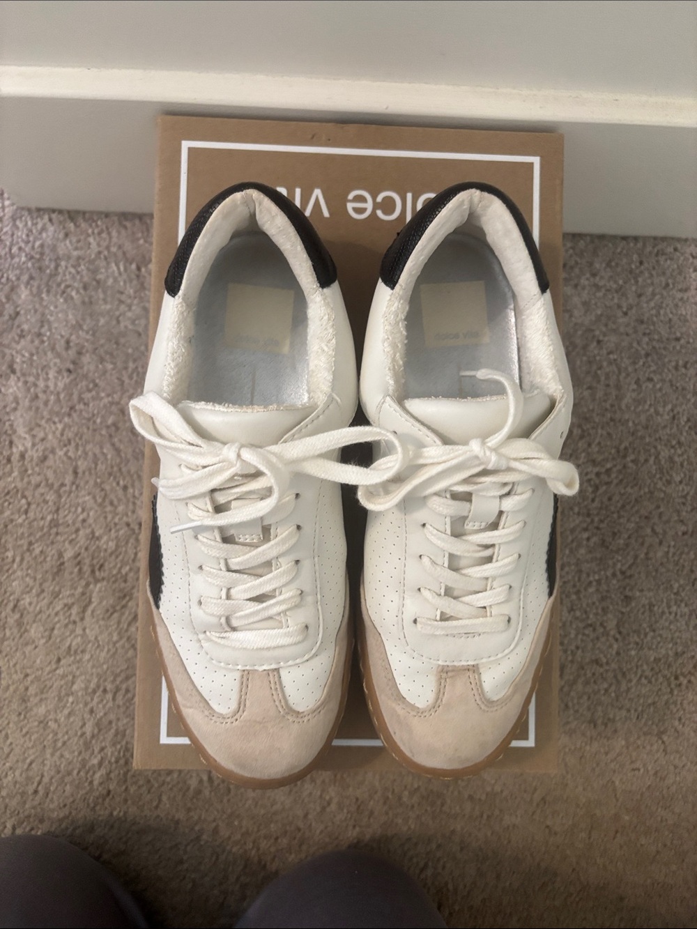 Dolce Vita White Leather & Taupe Suede Sneakers with Black Heel